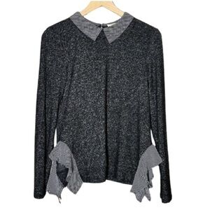 Women's L Monteau Sweater Peter Pan Collar Top Charcoal Striped Soft Stretch